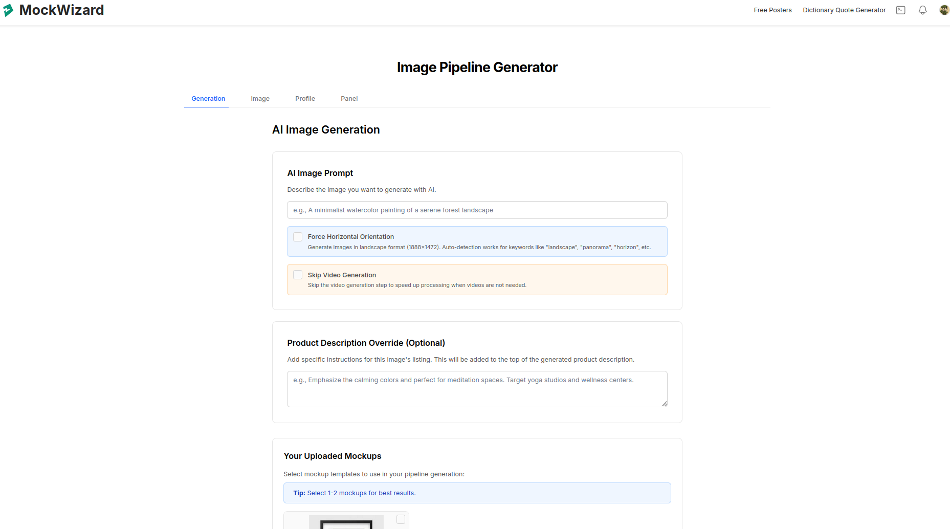 MockWizard Product Generation Interface